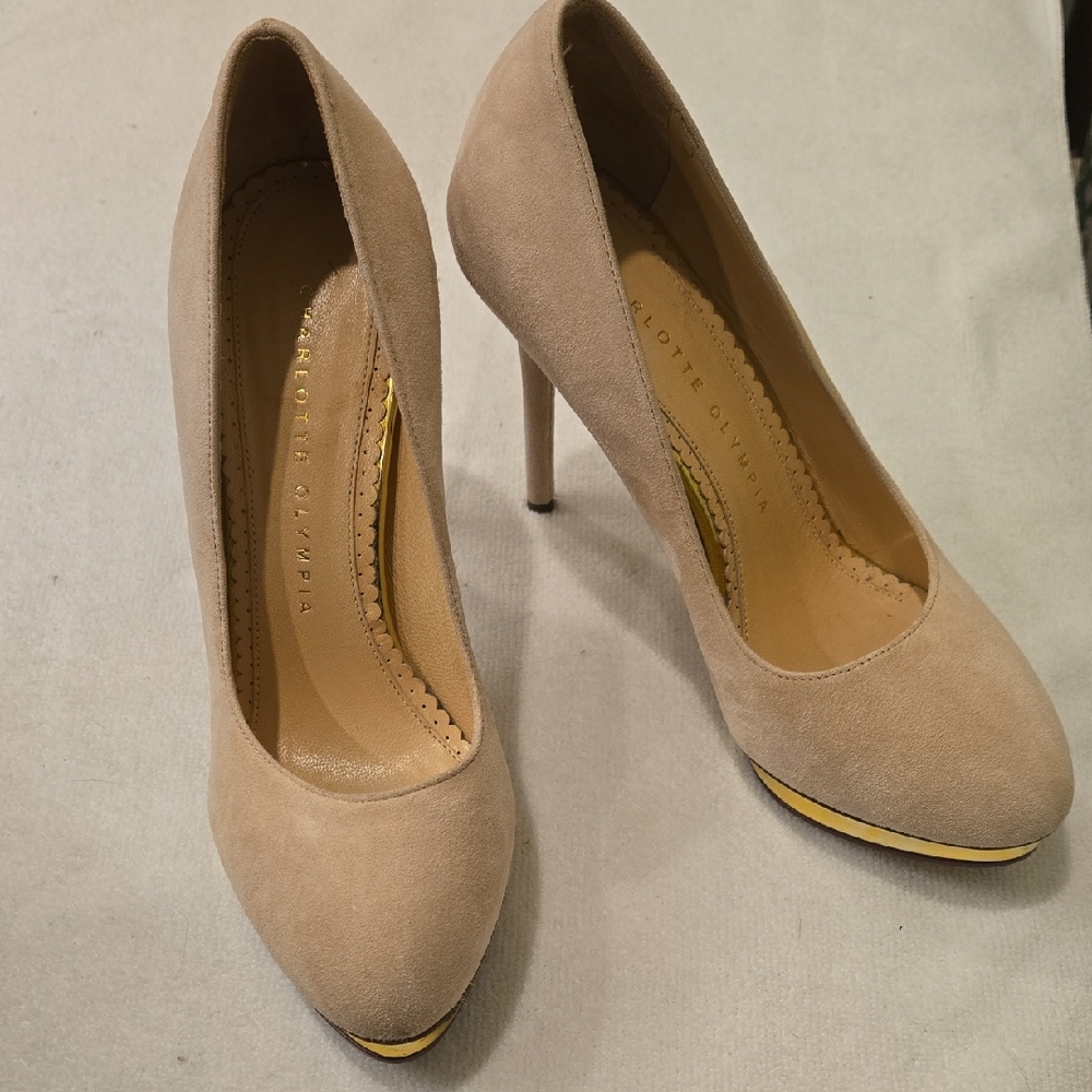 Charlotte Olympia Dolly Suede Pumps with Signature Gold Island Platform